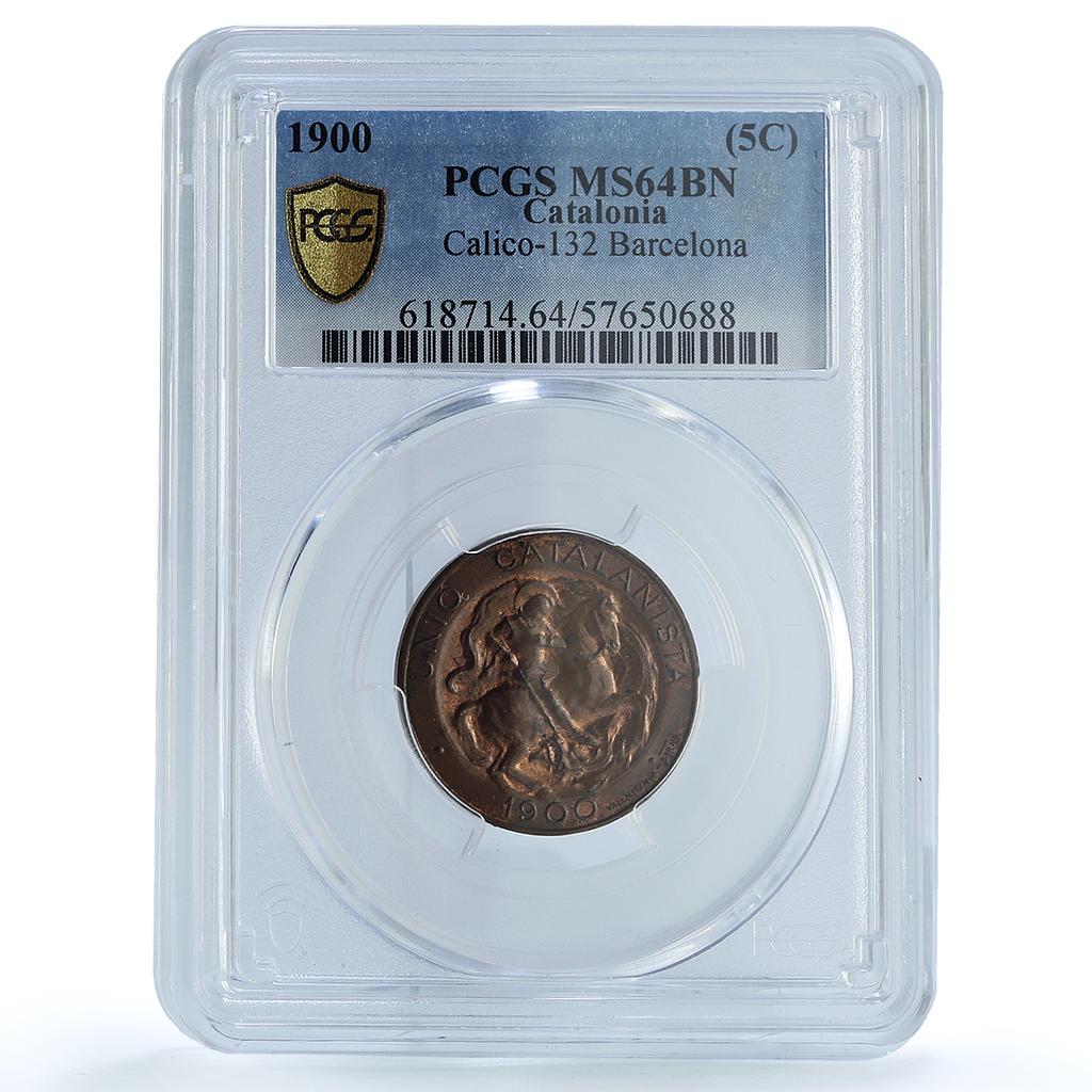 Catalonia Spain 5 centimos Catalanist Union Cal-132 MS 64 PCGS copper coin 1900