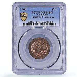 Spain Barcelona 5 centimos Catalanist Union Horsemans MS64 PCGS bronze coin 1900