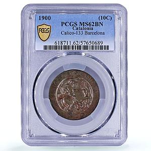 Spain Barcelona 10 centimo Catalanist Union Horsemans MS62 PCGS copper coin 1900