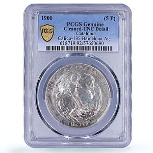 Spain Barcelona 5 pesetas Catalanist Union Horsemans Genuine PCGS Ag coin 1900