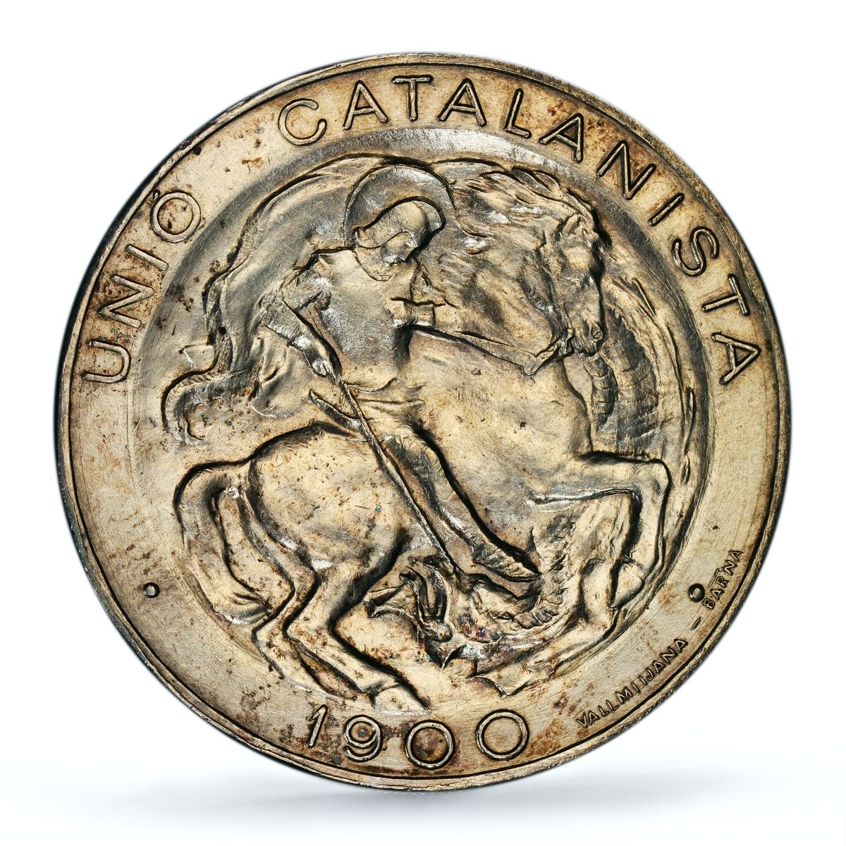 Spain Barcelona 5 pesetas Catalanist Union Horsemans Genuine PCGS Ag coin 1900