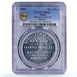 Spain Matias Lopez Factory Madrid 5 Pesetas Token MS 66 PCGS aluminum medal 1895