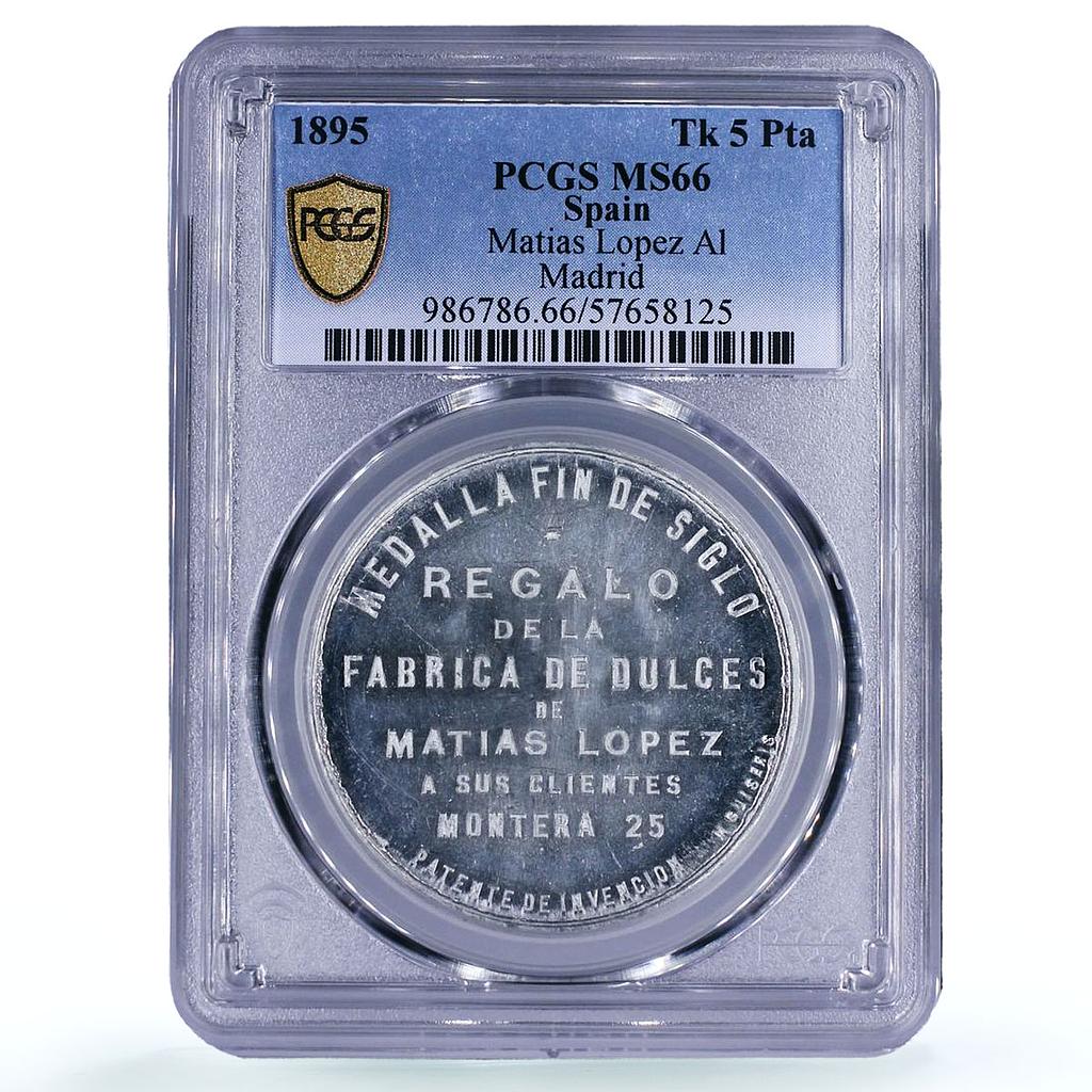 Spain Matias Lopez Factory Madrid 5 Pesetas Token MS 66 PCGS aluminum medal 1895