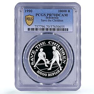 Indonesia 10000 rupiah UNICEF Save Children Child PR 70 PCGS silver coin 1990