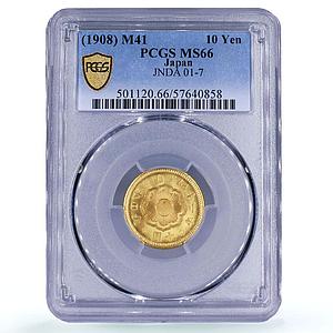 Japan 10 yen Meiji Chrysanthemum Flower Y#33 MS 66 PCGS gold coin 1908