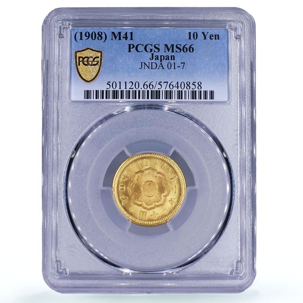 Japan 10 yen Meiji Chrysanthemum Flower Y#33 MS 66 PCGS gold coin 1908