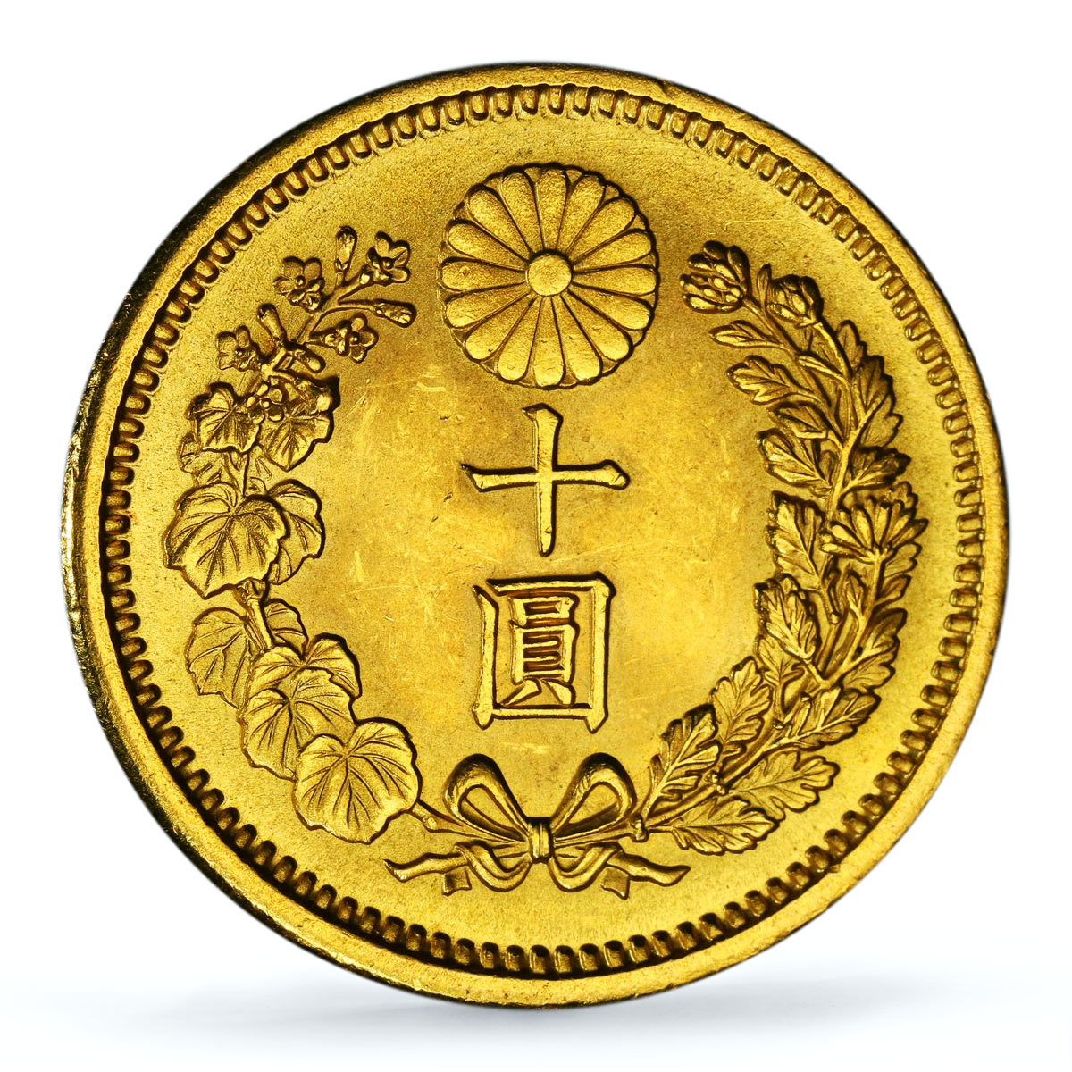 Japan 10 yen Meiji Chrysanthemum Flower Y#33 MS 66 PCGS gold coin 1908
