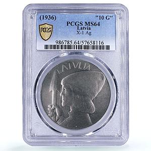 Latvia 10 gulden Republic Man with Spade Fantasy MS 64 PCGS silver coin 1936