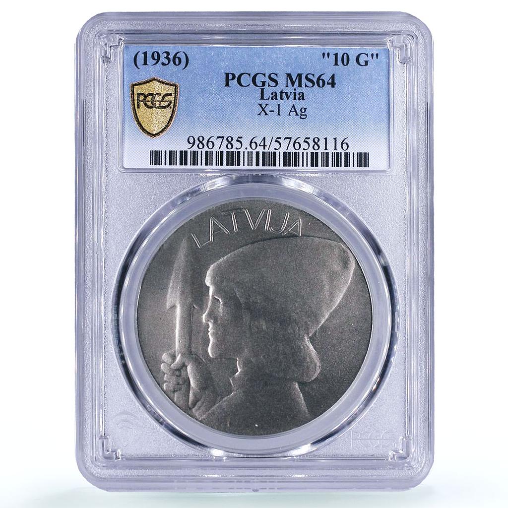 Latvia 10 gulden Republic Man with Spade Fantasy MS 64 PCGS silver coin 1936