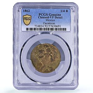 Mexico 1/4 real Zacatecas Quarto Quartilla Angel Genuine VF PCGS brass coin 1859