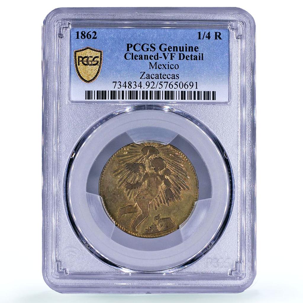 Mexico 1/4 real Zacatecas Quarto Quartilla Angel Genuine VF PCGS brass coin 1859