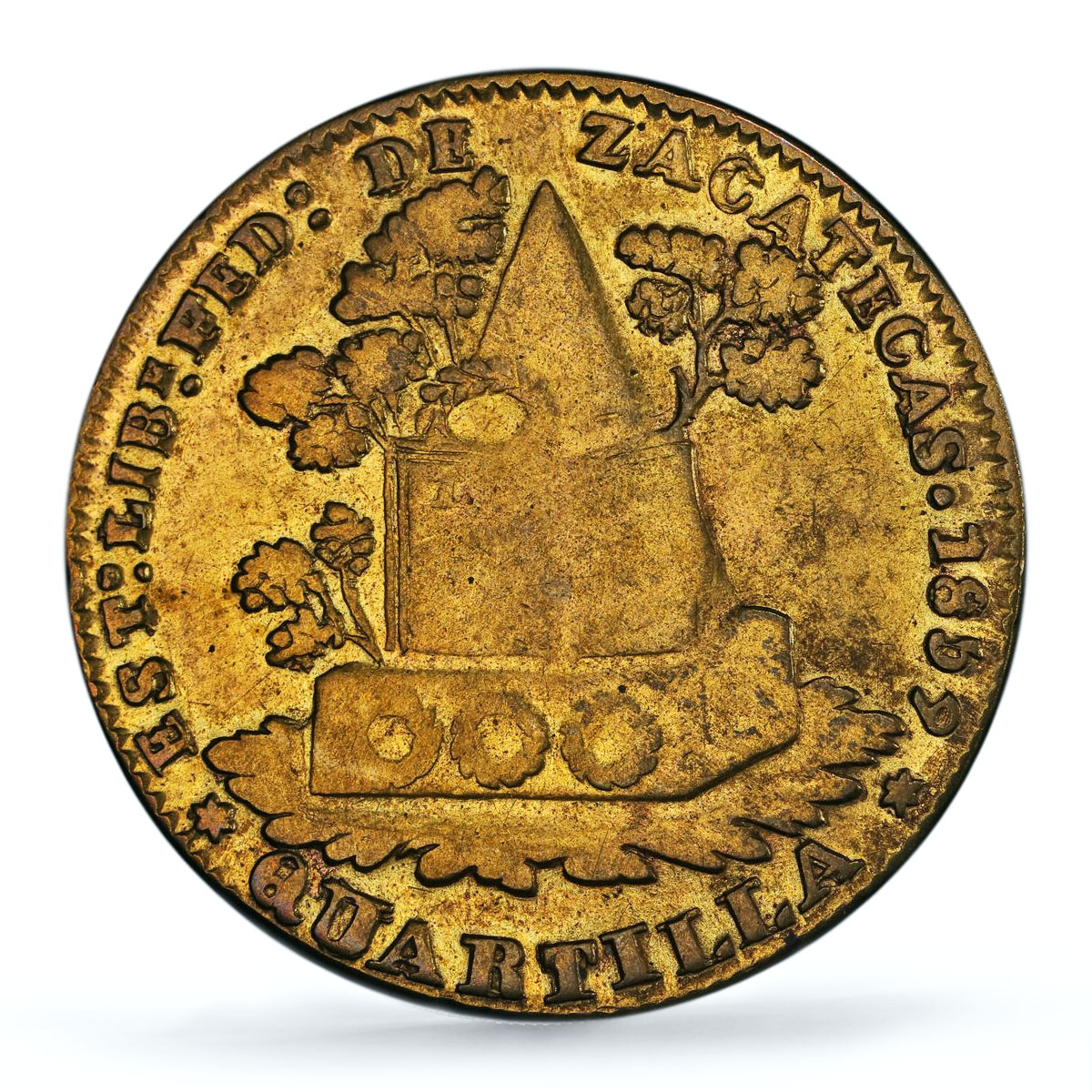 Mexico 1/4 real Zacatecas Quarto Quartilla Angel Genuine VF PCGS brass coin 1859