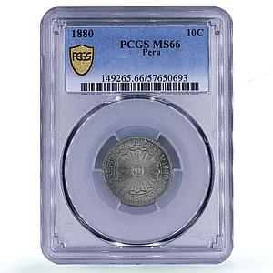 Peru 10 centavos Republic Coinage Radiant Sun KM-198 MS 66 PCGS CuNi coin 1880