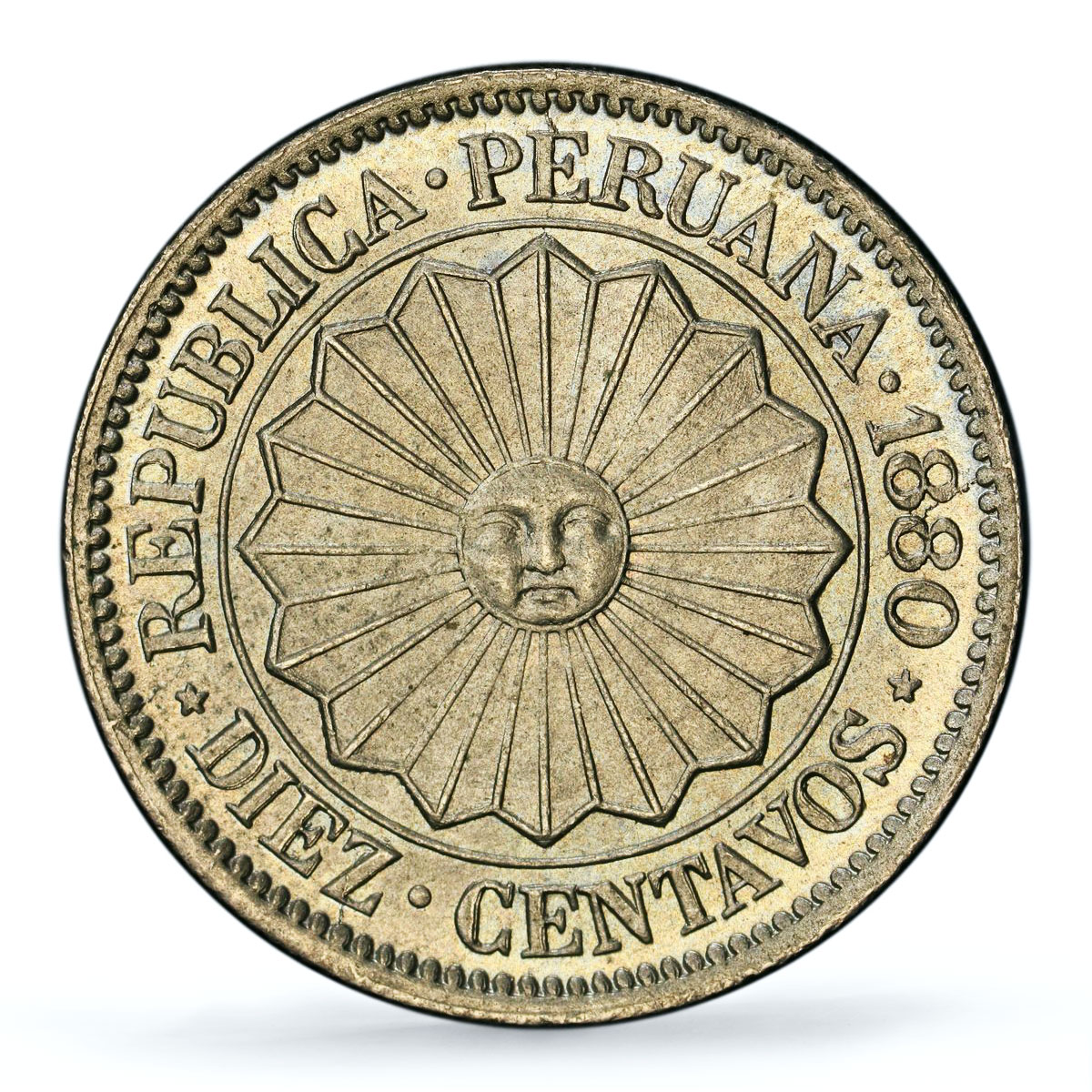 Peru 10 centavos Republic Coinage Radiant Sun KM-198 MS 66 PCGS CuNi coin 1880