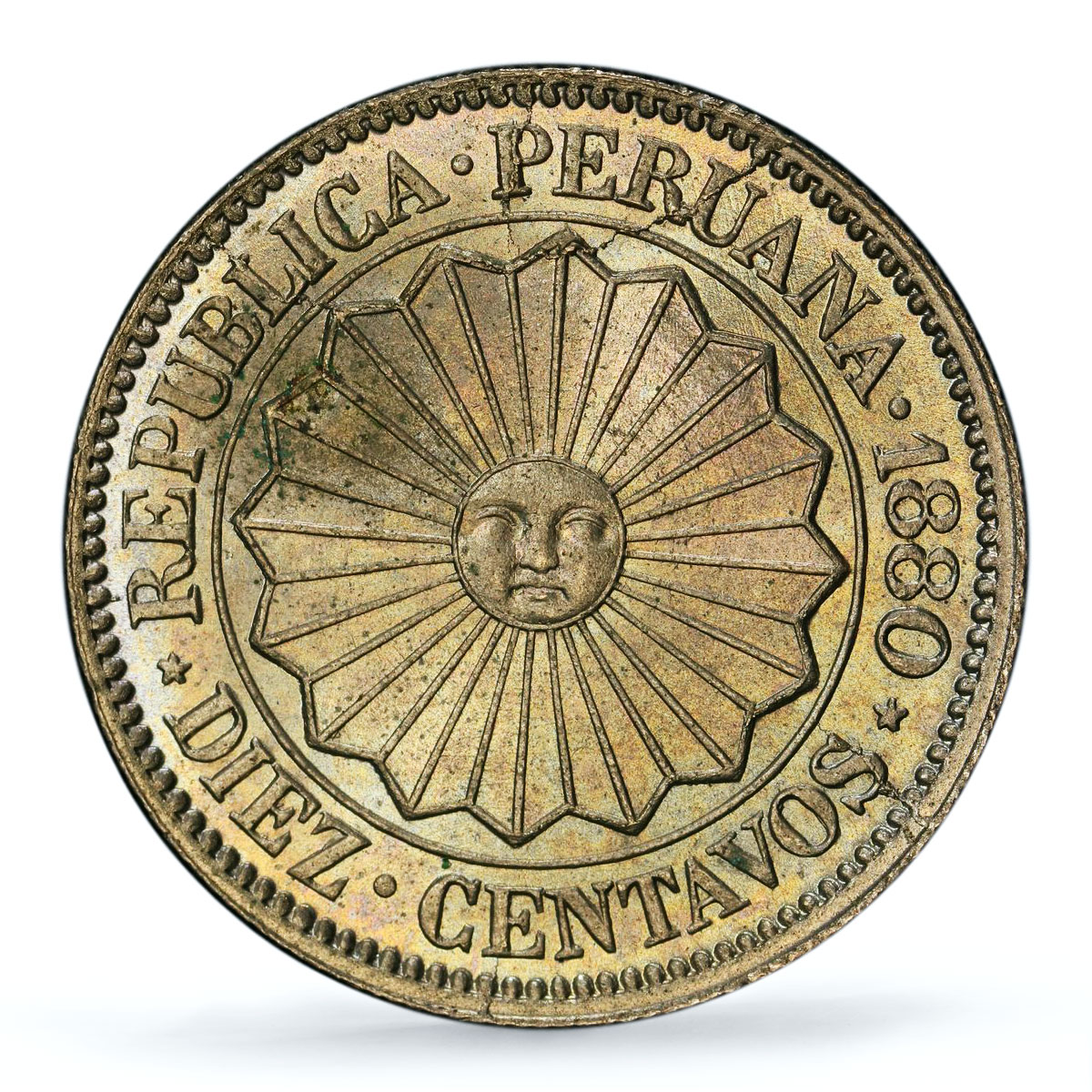 Peru 10 centavos Republic Coinage Radiant Sun KM-198 MS 64 PCGS CuNi coin 1880