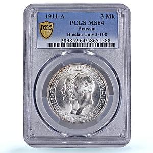 Germany Prussia 3 mark Breslau University Wroclaw MS 64 PCGS silver coin 1911