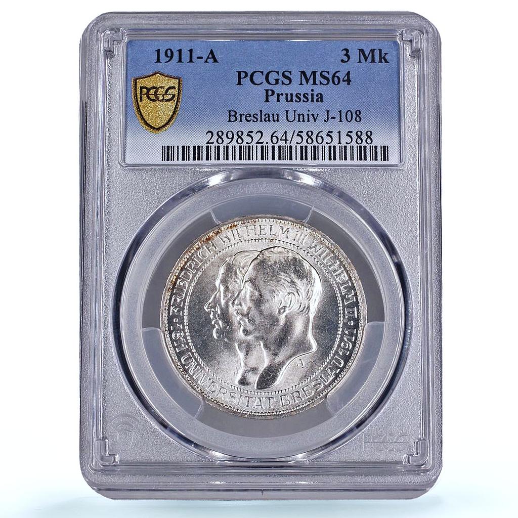 Prussia 3 mark Wroclaw University KM-531 Breslau MS 64 PCGS silver coin 1911