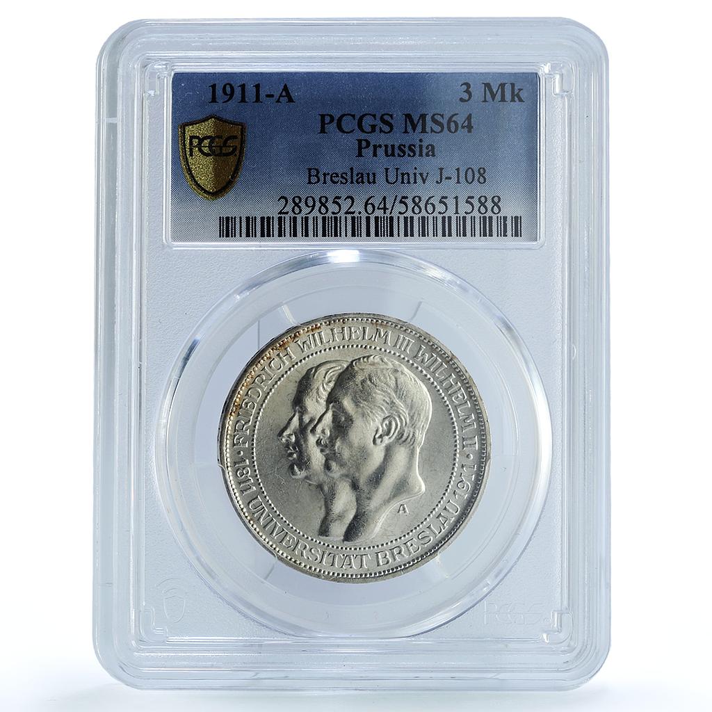 Prussia 3 mark Wroclaw University KM-531 Breslau MS 64 PCGS silver coin 1911 Prussia 3 mark Wroclaw University KM-531 Breslau MS 64 PCGS silver coin 1911