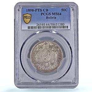 Bolivia 1/2 boliviano 50 centavos Republic KM-161 MS63 PCGS silver coin 1898