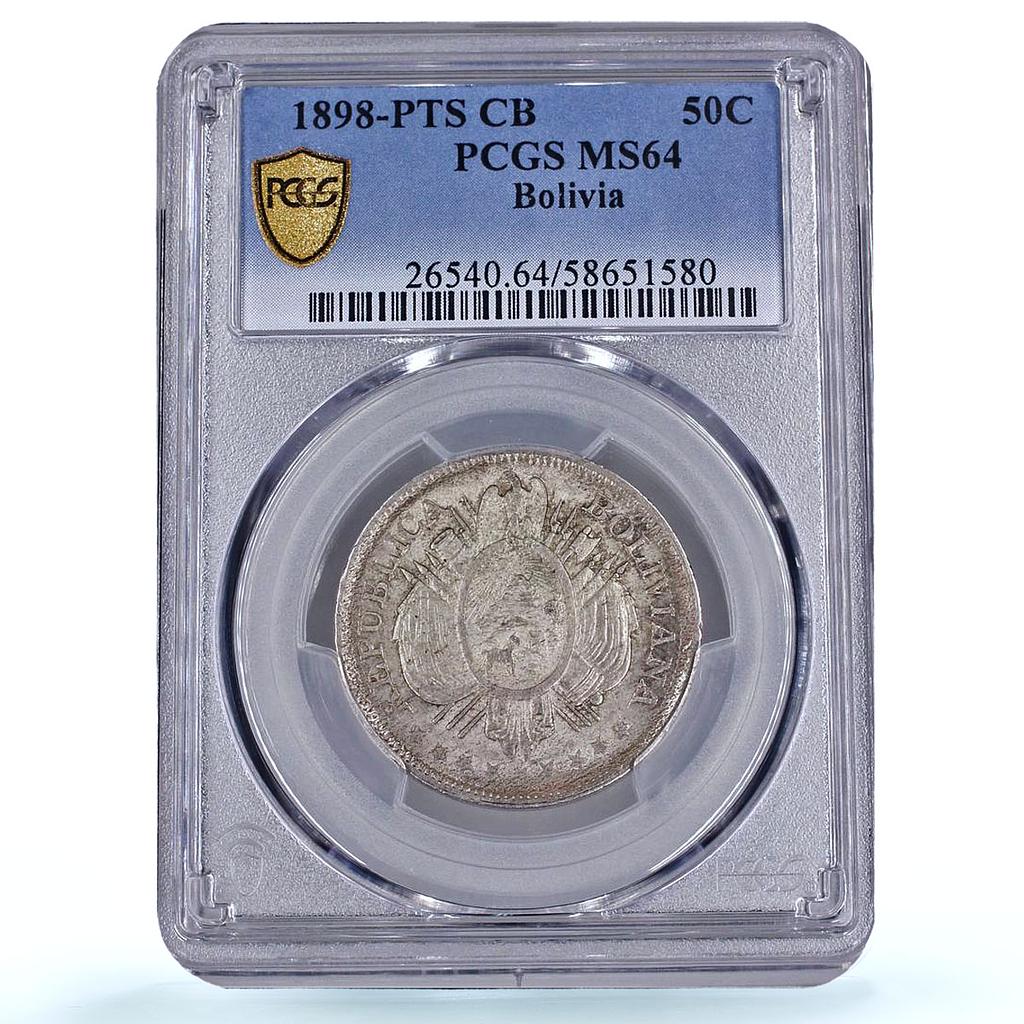 Bolivia 1/2 boliviano 50 centavos Republic KM-161 MS63 PCGS silver coin 1898