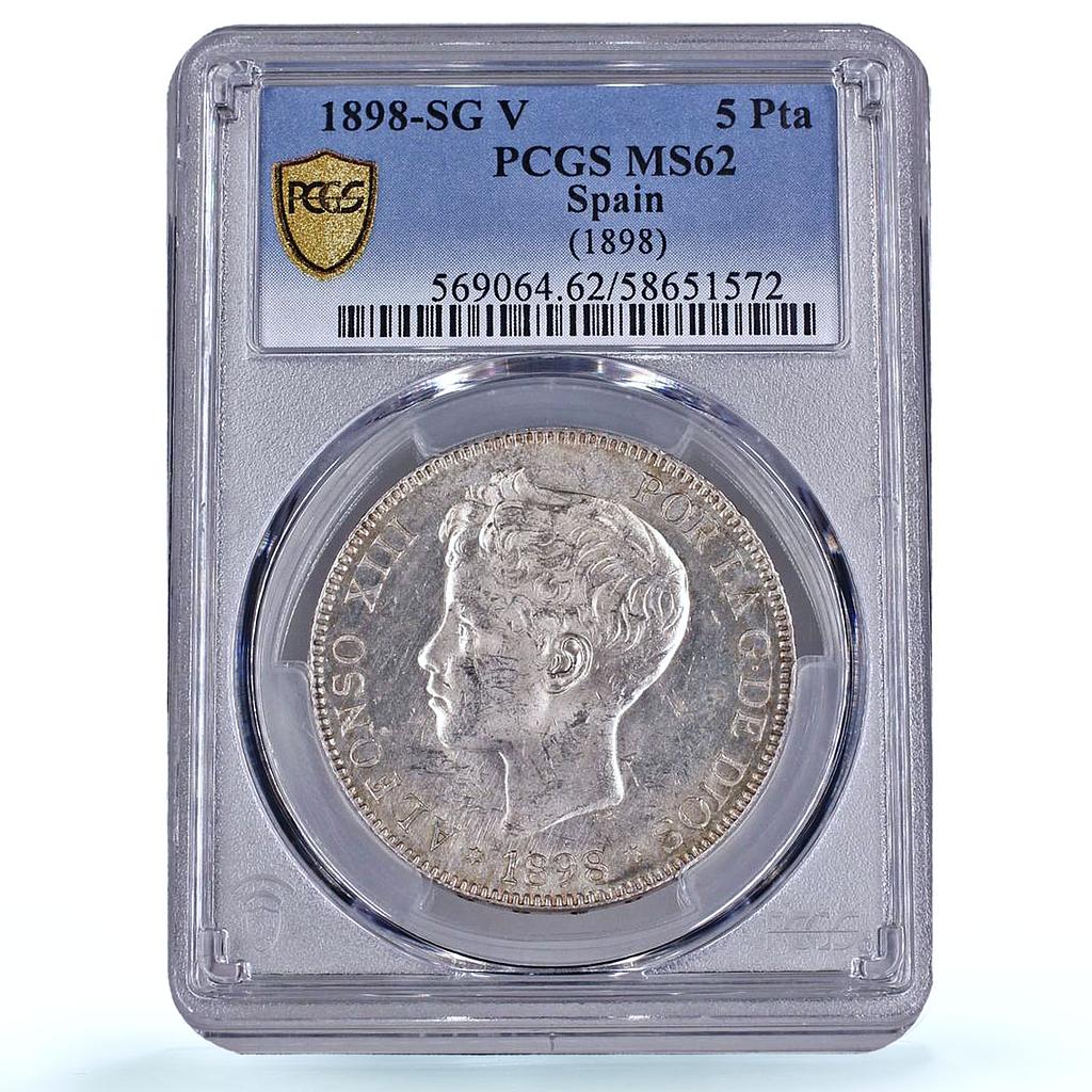 Spain 5 pesetas Alfonso XIII Child Portrait KM-707 MS 62 PCGS silver coin 1898