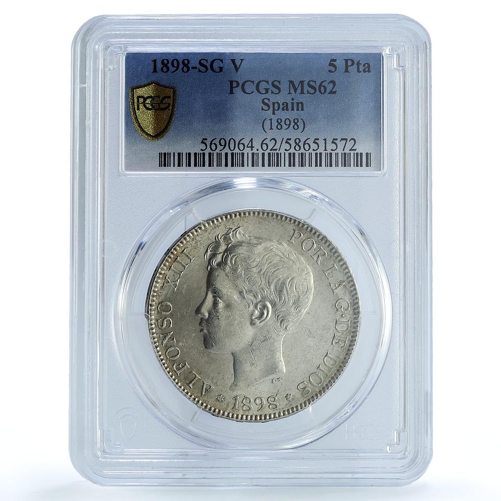 Spain 5 pesetas Alfonso XIII Child Portrait KM-707 MS 62 PCGS silver coin 1898 Spain 5 pesetas Alfonso XIII Child Portrait KM-707 MS 62 PCGS silver coin 1898