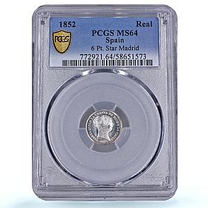 Spain 1 real Isabel II 6 Pt. Star Madrid Mint KM-598 MS 64 PCGS silver coin 1852