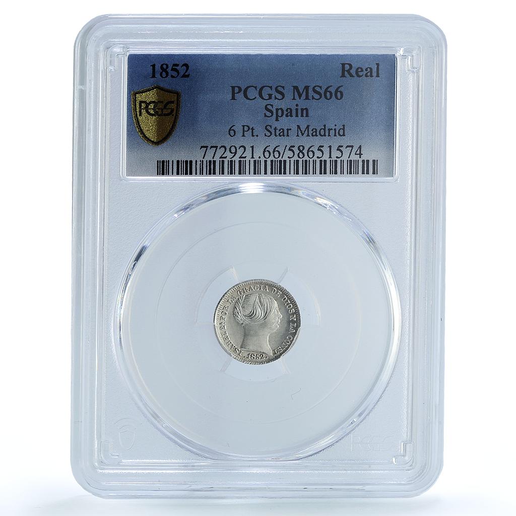 Spain 1 real Isabel II 6 Pt. Star Madrid Mint KM-598 MS 66 PCGS silver coin 1852