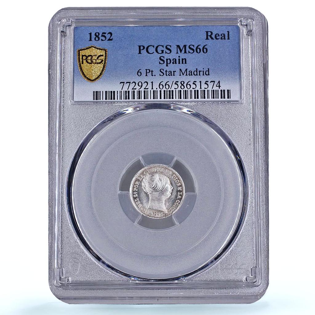 Spain 1 real Isabel II 6 Pt. Star Madrid Mint KM-598 MS 66 PCGS silver coin 1852