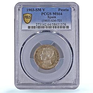Spain 1 peseta Alfonso XIII KM-721 Cal#49-52 MS 64 PCGS silver coin 1903