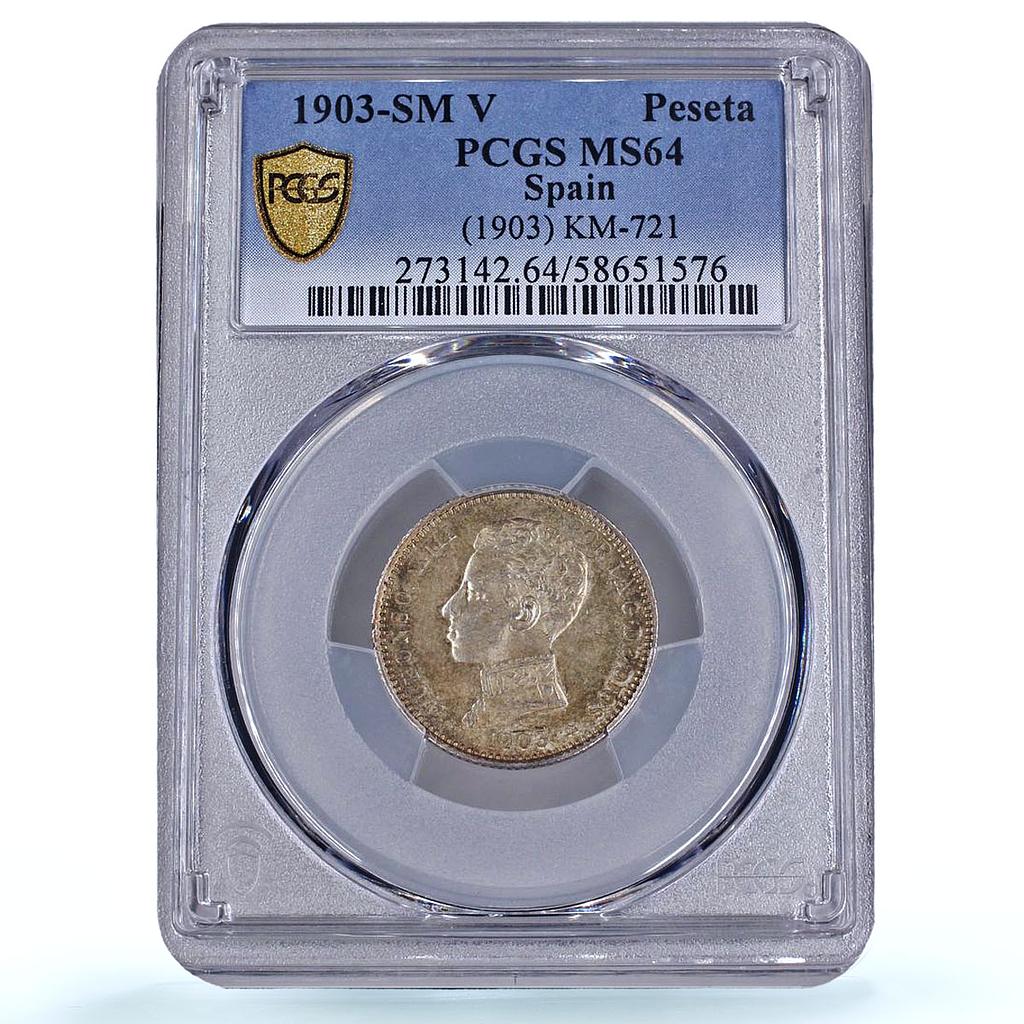 Spain 1 peseta Alfonso XIII KM-721 Cal#49-52 MS 64 PCGS silver coin 1903