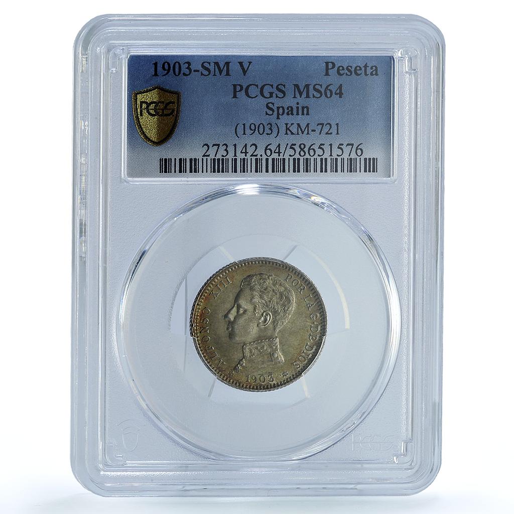 Spain 1 peseta Alfonso XIII KM-721 Cal#49-52 MS 64 PCGS silver coin 1903
