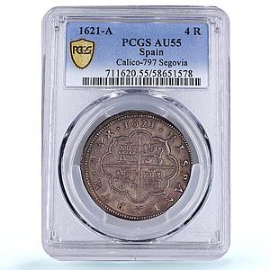 Spain 4 reales Philip IV KM-98 Calico-797 Segovia AU 55 PCGS silver coin 1621