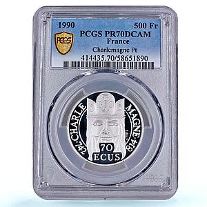 France 500 francs 70 ecus Charlemagne KM-990a PR 70 PCGS platinum coin 1990