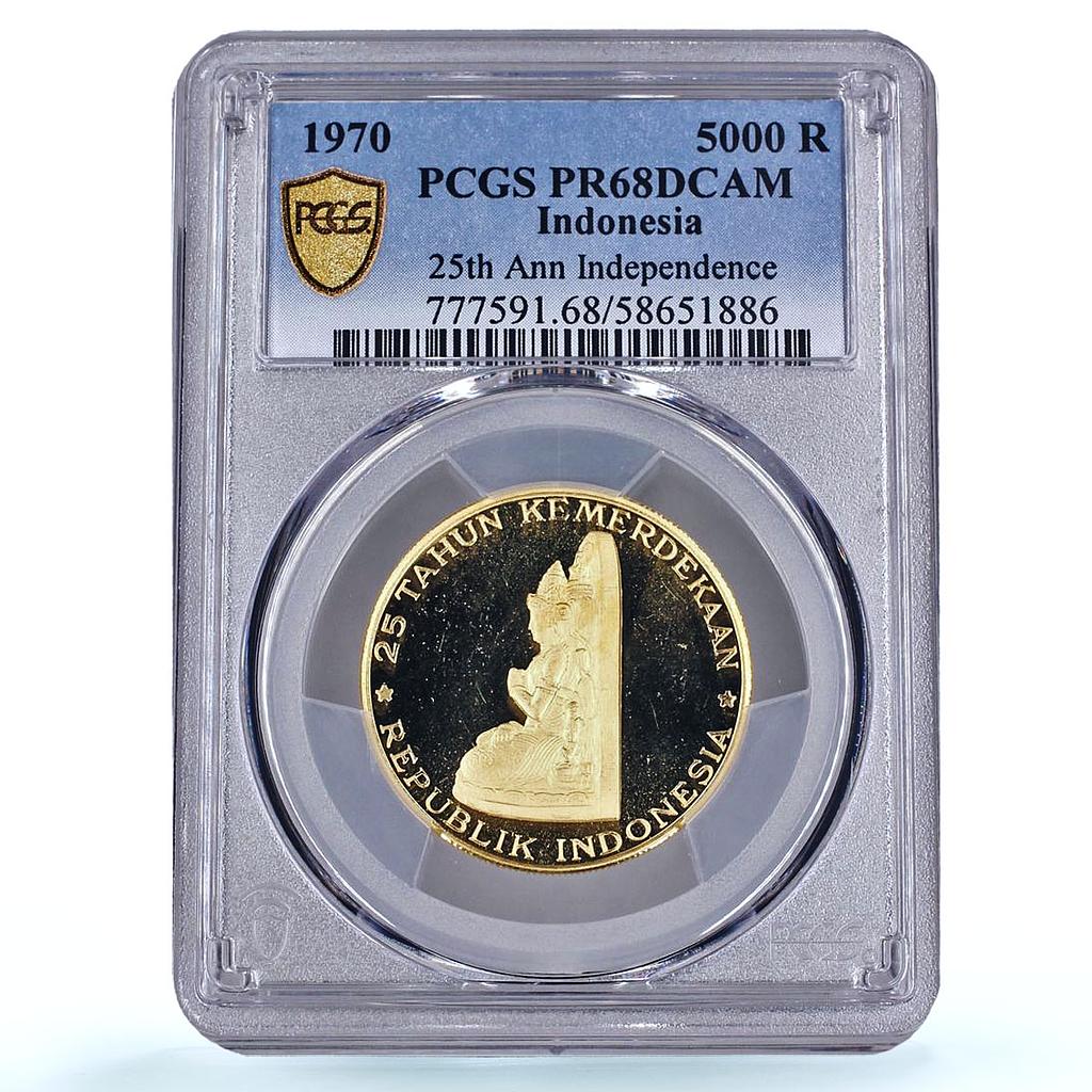 Indonesia 5000 rupiah Manjusri Statue Independence PR 68 PCGS gold coin 1970