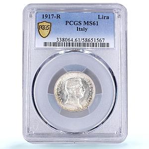 Italy 1 lira Victor Emmanuel III Horses KM-57 MS 61 PCGS silver coin 1917