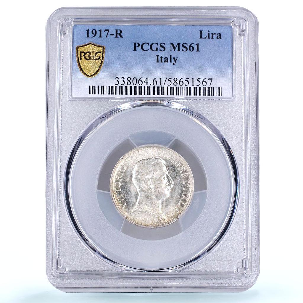 Italy 1 lira Victor Emmanuel III Horses KM-57 MS 61 PCGS silver coin 1917