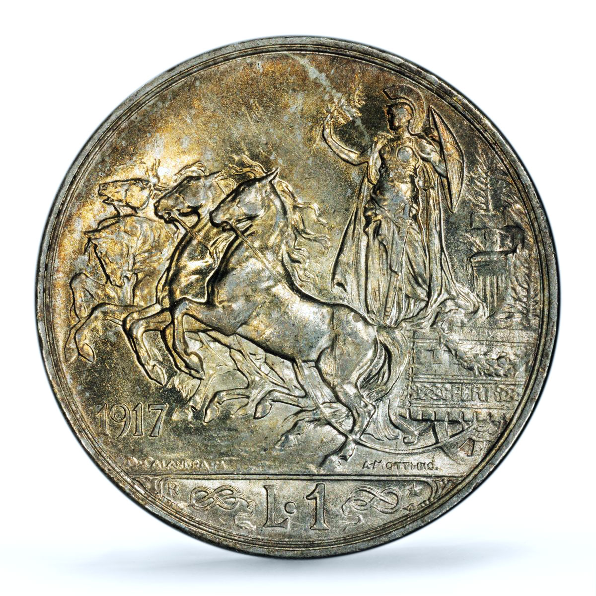 Italy 1 lira Victor Emmanuel III Horses KM-57 MS 61 PCGS silver coin 1917