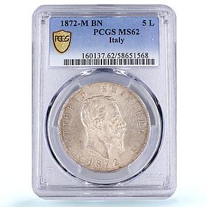 Italy 5 lire Victor Emmanuel II KM-8 MS 62 PCGS silver coin 1872