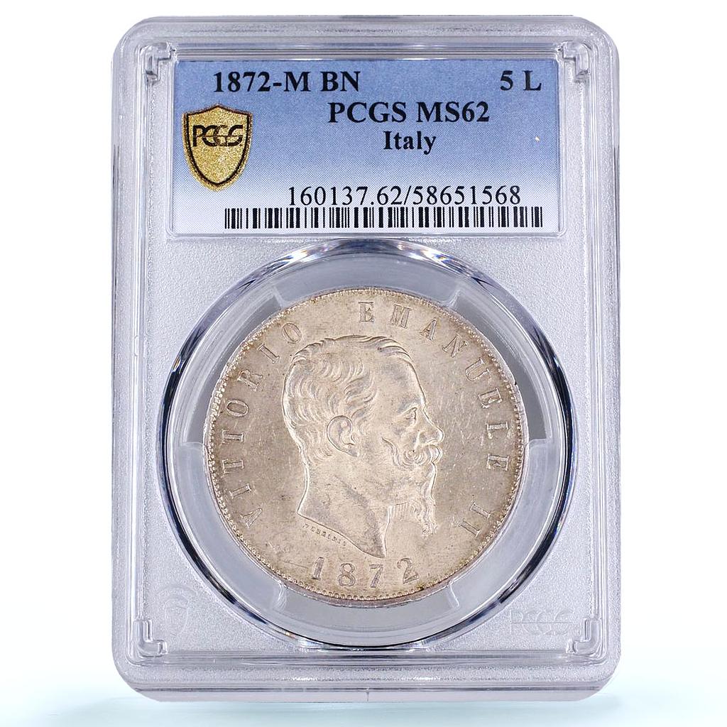 Italy 5 lire Victor Emmanuel II KM-8 MS 62 PCGS silver coin 1872