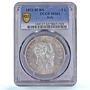 Italy 5 lire Victor Emmanuel II KM-8 MS 62 PCGS silver coin 1872