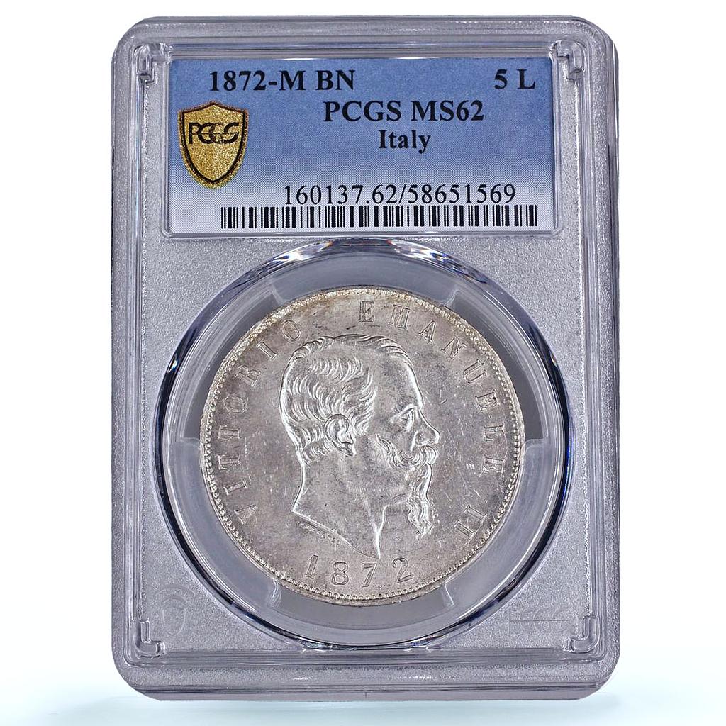 Italy 5 lire Victor Emmanuel II KM-8 MS 62 PCGS silver coin 1872