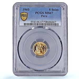 Peru 5 soles oro Republic Seated Liberty KM-235 MS 67 PCGS gold coin 1960