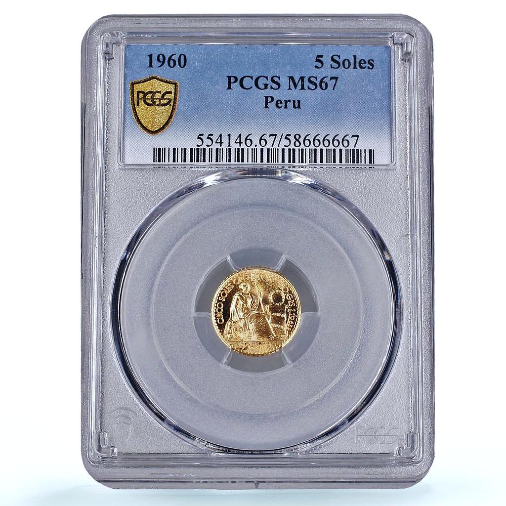 Peru 5 soles oro Republic Seated Liberty KM-235 MS 67 PCGS gold coin 1960