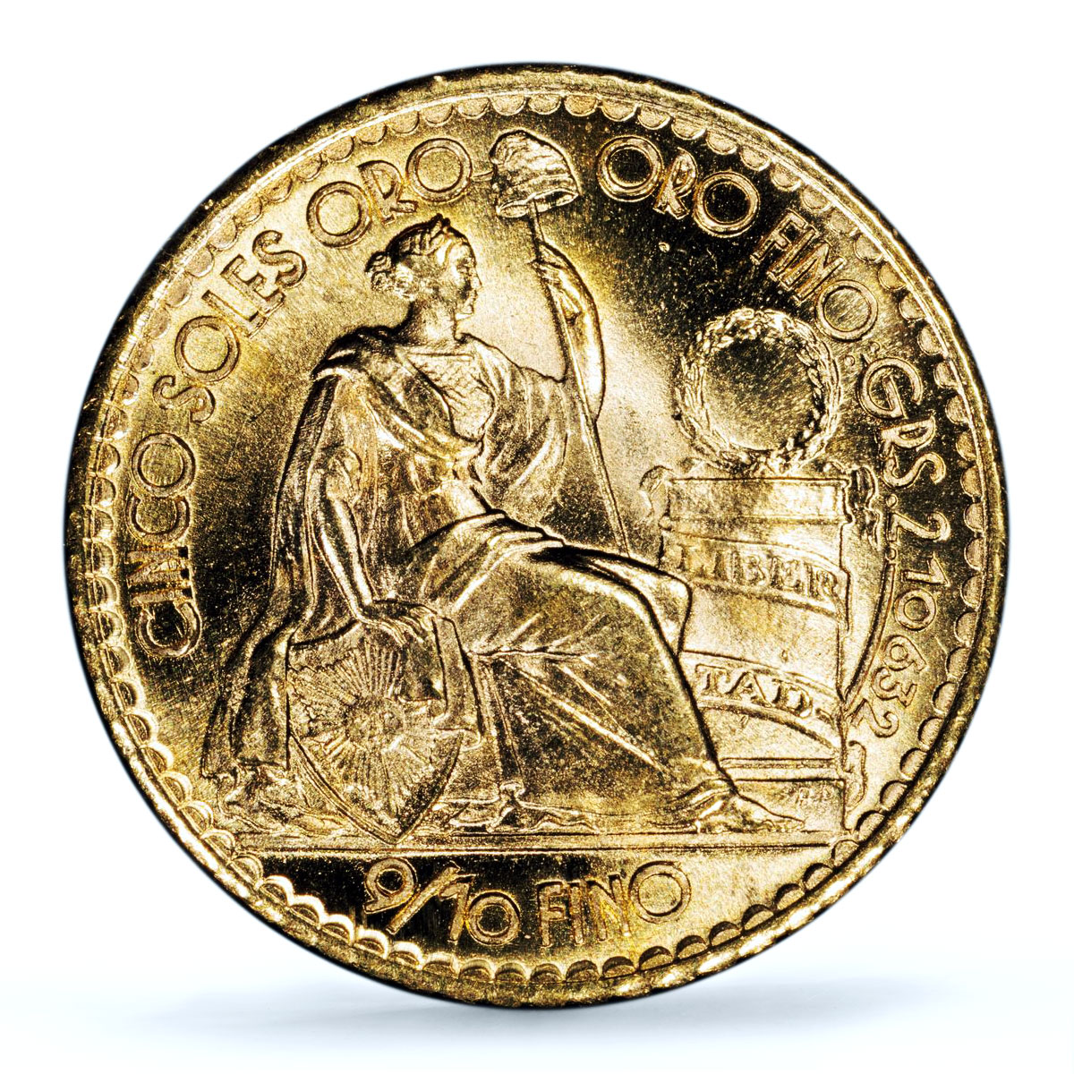 Peru 5 soles oro Republic Seated Liberty KM-235 MS 67 PCGS gold coin 1960