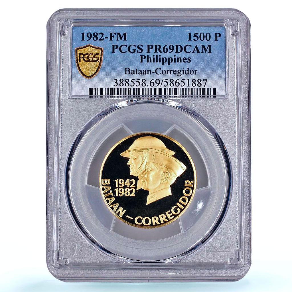 Philippines 1500 piso Bataan Corregidor Battle KM-237 PR 69 PCGS gold coin 1982