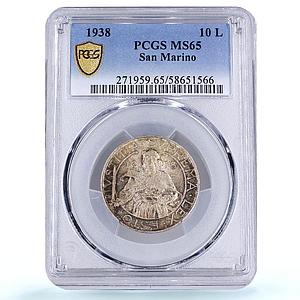 San Marino 10 lire Republic St. Agatha KM-10 MS 65 PCGS silver coin 1938