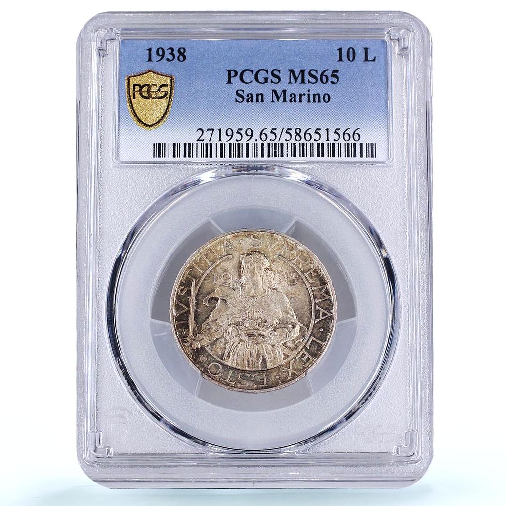 San Marino 10 lire Republic St. Agatha KM-10 MS 65 PCGS silver coin 1938