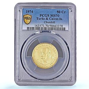 Turks and Caicos Islands 50 crowns Churchill KM-3 MS 70 PCGS gold coin 1974