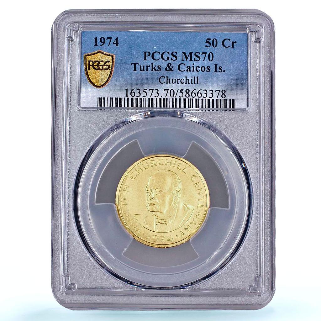 Turks and Caicos Islands 50 crowns Churchill KM-3 MS 70 PCGS gold coin 1974